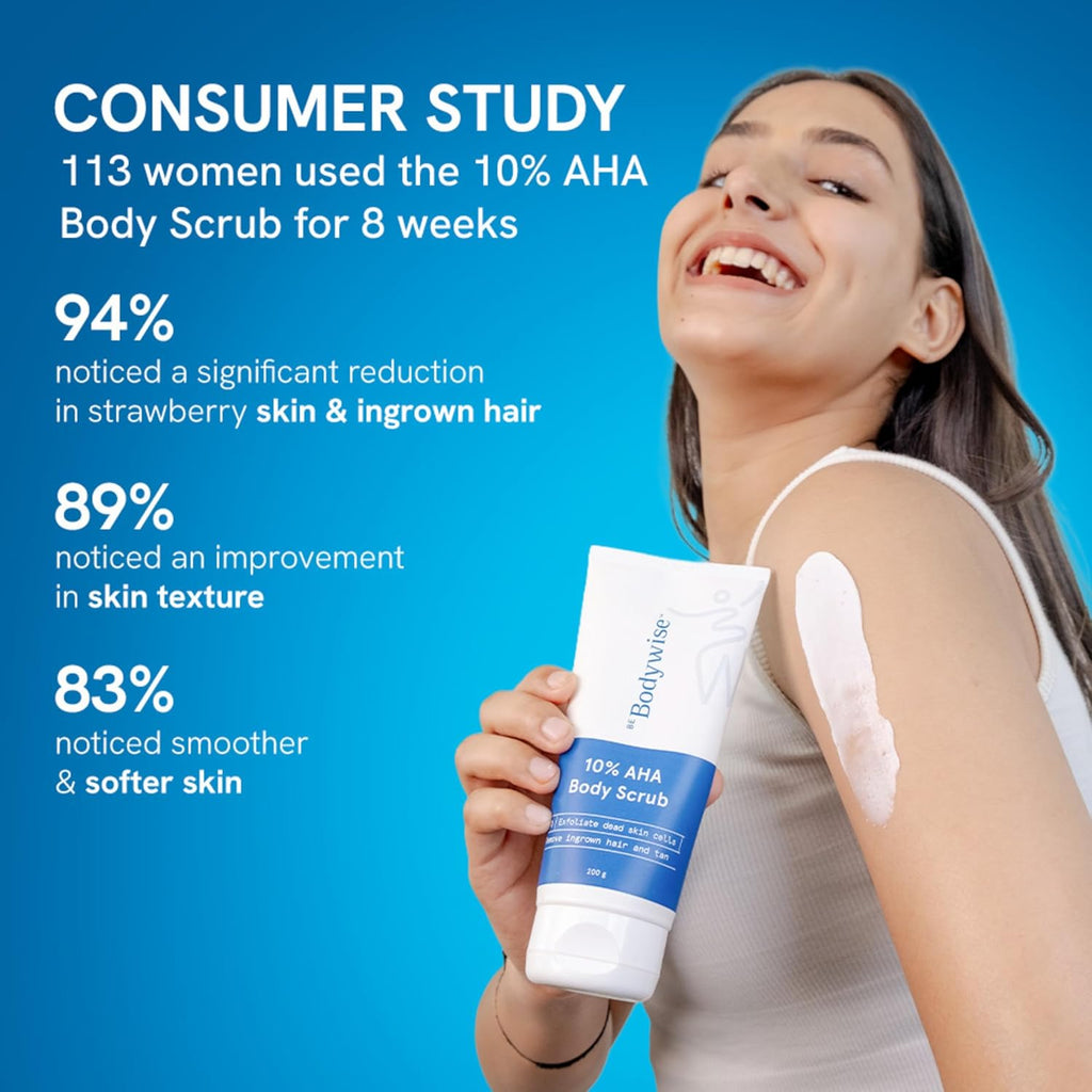 Be Bodywise 10% Lactic AHA Exfoliating Body Scrub 200g | Tan Removal & Soft-Smooth Skin | De-Tan Bathing Scrub with Centella Water & Aloe Vera, Removes Dirt & Dead Skin from Neck, Knees, Elbows & Arms | All Skin Types