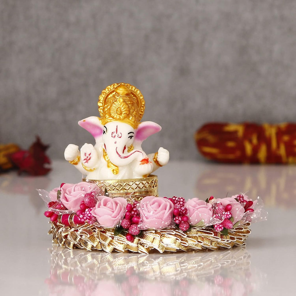 Ecraftindia Polyresin Lord Ganesha Idol on Pink Floral Handcrafted Plate | Exquisite Hindu God Figurine