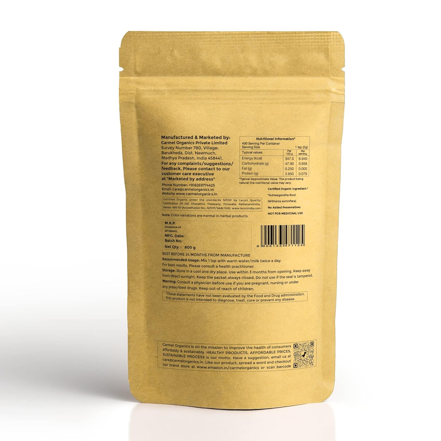 Carmel Organics Ashwagandha Root Powder - 227 Grams