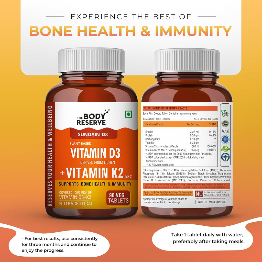The Body Reserve Vitamin D3 K2 MK7-90 Veg Tablets, 100% RDA Plant-Based Vitamin D3 Supplement from Lichen Source with Vitamin K2 as MK7 Menaquinone