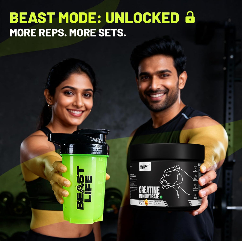 BeastLife Micronised Creatine Monohydrate with Free Shaker | 125g | 33 Servings | Tropical Tango | NABL Lab Tested | Rapid Absorption for Muscle Strength & Athletic Performance | Super Micronised Creatine Powder