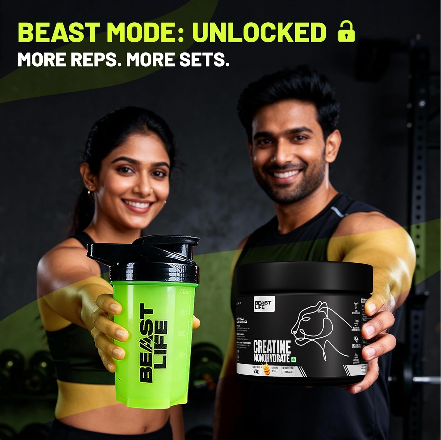 BeastLife Micronised Creatine Monohydrate with Free Shaker | 125g | 33 Servings | Tropical Tango | NABL Lab Tested | Rapid Absorption for Muscle Strength & Athletic Performance | Super Micronised Creatine Powder