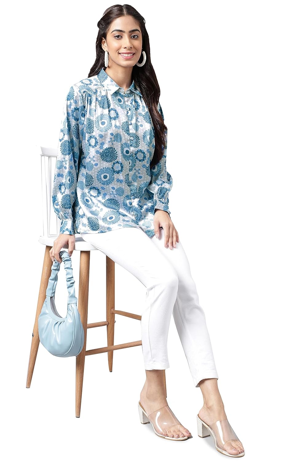 Janasya Women's Grey Satin Digital Floral Printed Shirt Style Top
