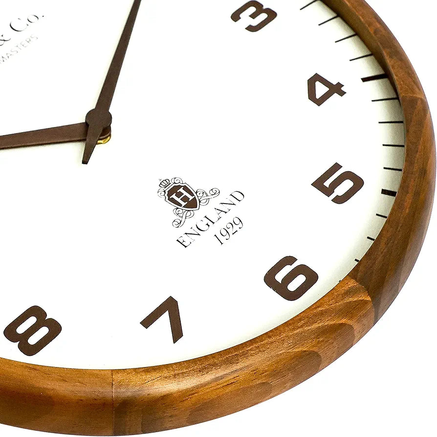 Harris & Co. Clockmasters Wooden Analog Wall Clock With Leather Dial and Wooden Hands14 Inch Silent Sweep Noiseless Technology Model - Brick Lane