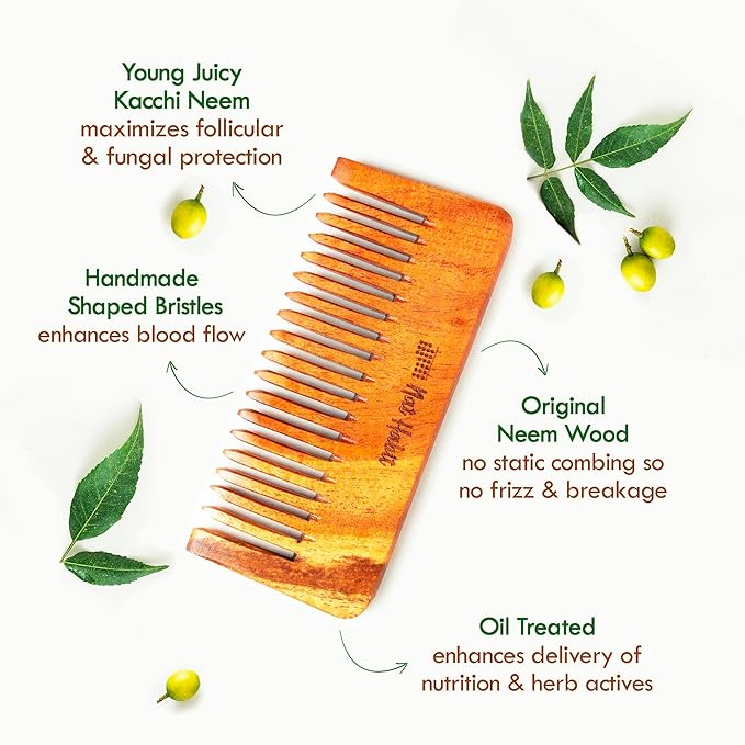 Nat Habit Kacchi Neem Wooden Shampoo Comb - Soaked in 17 Herbs, Neem & Sesame Oil | Wide Tooth- Small Size