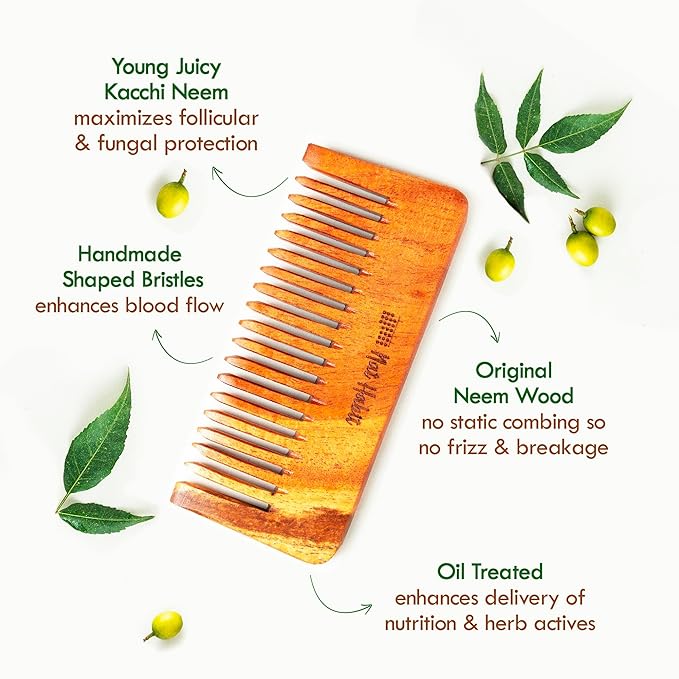 Nat Habit Kacchi Neem Comb Fine Tooth Styling & Wide Tooth Shampoo Combo, Soaked in 17 Herbs | Small Size