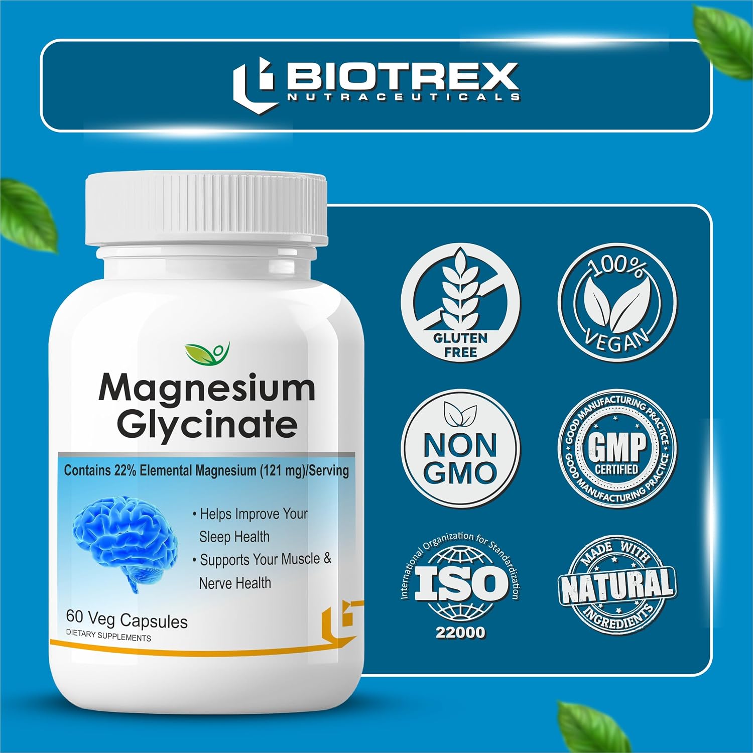 Biotrex Nutraceuticals Magnesium Glycinate | Highest Bioavailability | Cramps, Sleep & Mood balance | Chelated Form With Superior Absorption | Muscle Recovery & Nerve Function | 60 Veg Capsules