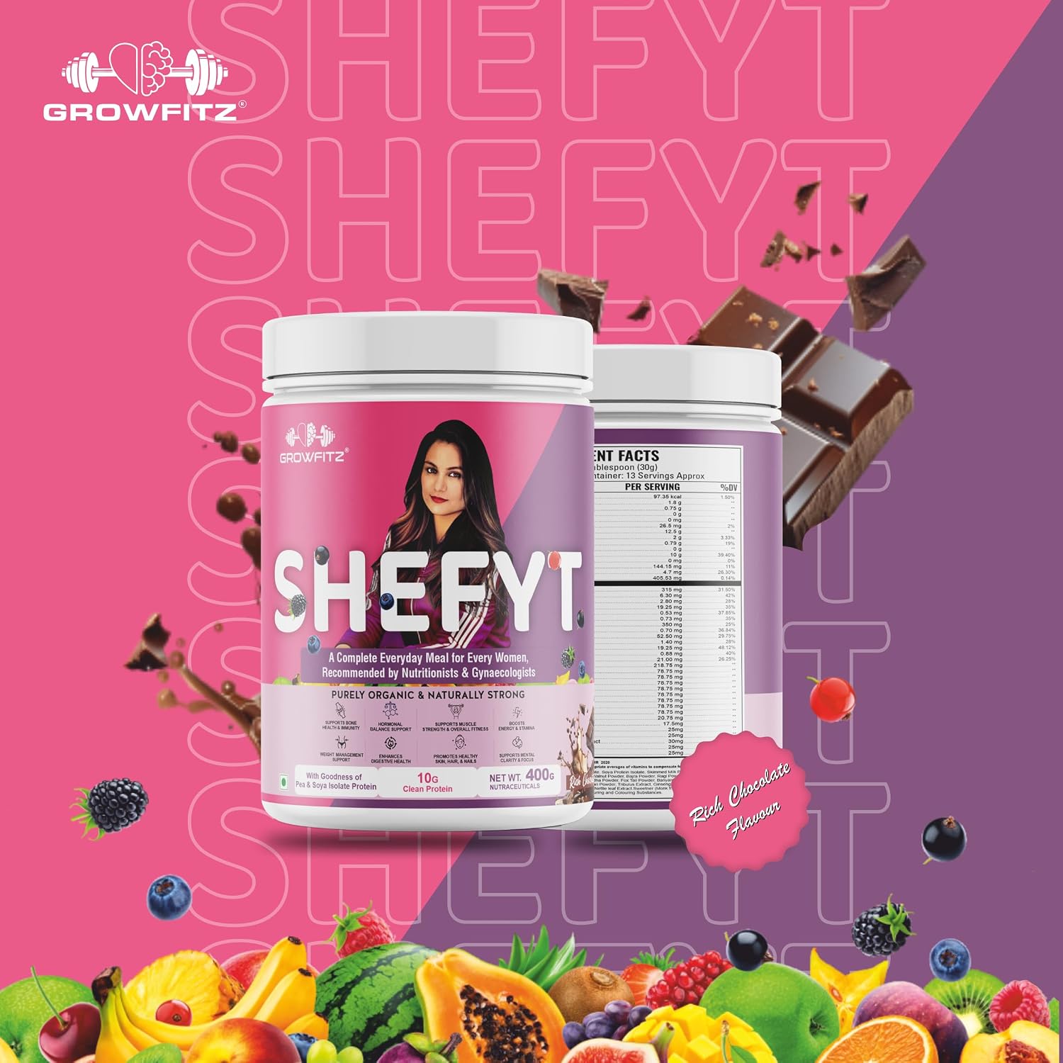 Growfitz 100% Natural Plant Protein Rich Meal Replacement Shake 400g | 12g Protein per Serving, 50+Powerful Herbs, Supports Weight Management, Energy, Immunity & Wellness Low Fat for Women, Chocolate