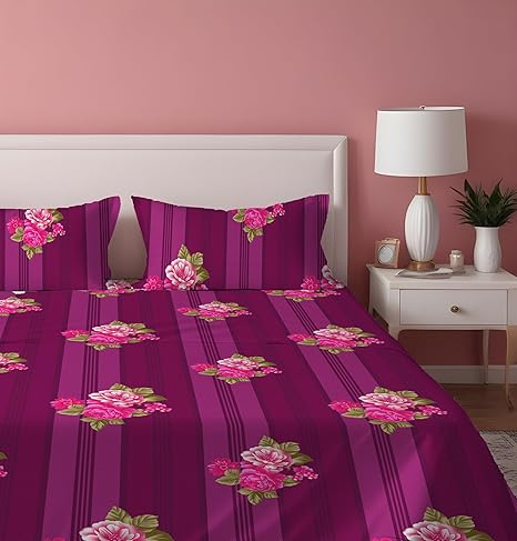 Dreamlet Presents Luxurious Supersoft Cotton Feel 210tc King Size Elastic Fitted Double Bedsheets With 2 Pillow Covers | Purple Color