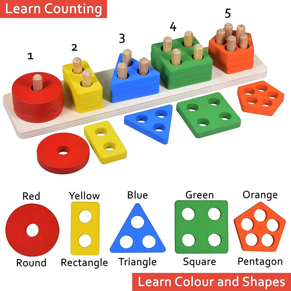 Wishkey Wooden Angle Geometric Stacker Shape Sorter Blocks,Educational Intelligence Early Learning Column Puzzle