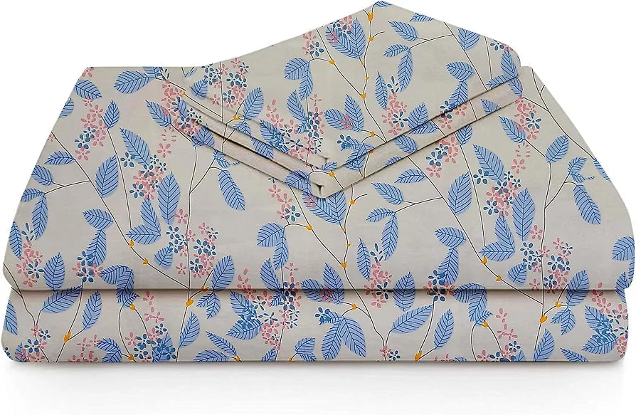 Homekart 220 TC Premium Cotton Elastic Fitted Bedsheets with 2 Pillow Covers Double Bed with Corner Elastic Floral Pattren White & Blue