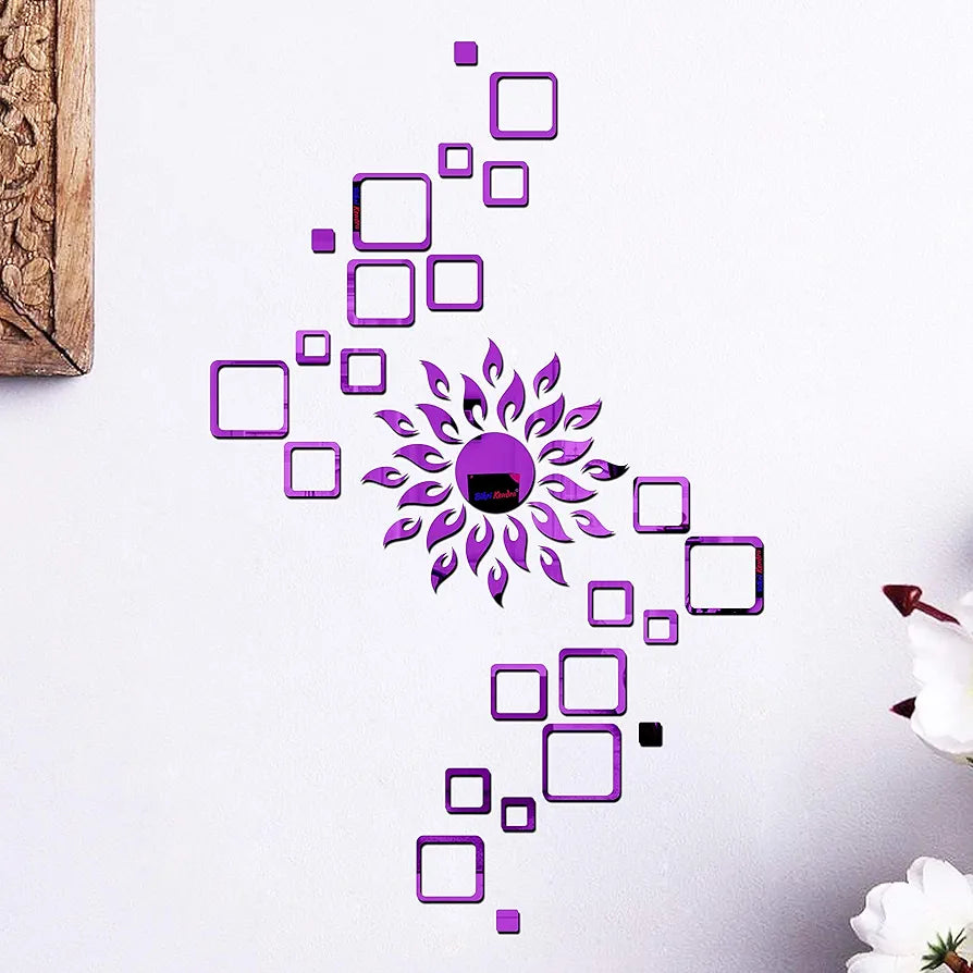 Bikri Kendra Glass Art Bk116, Sun Purple With Square Purple 4 Set 3D Acrylic Mirror Stickers For Wall