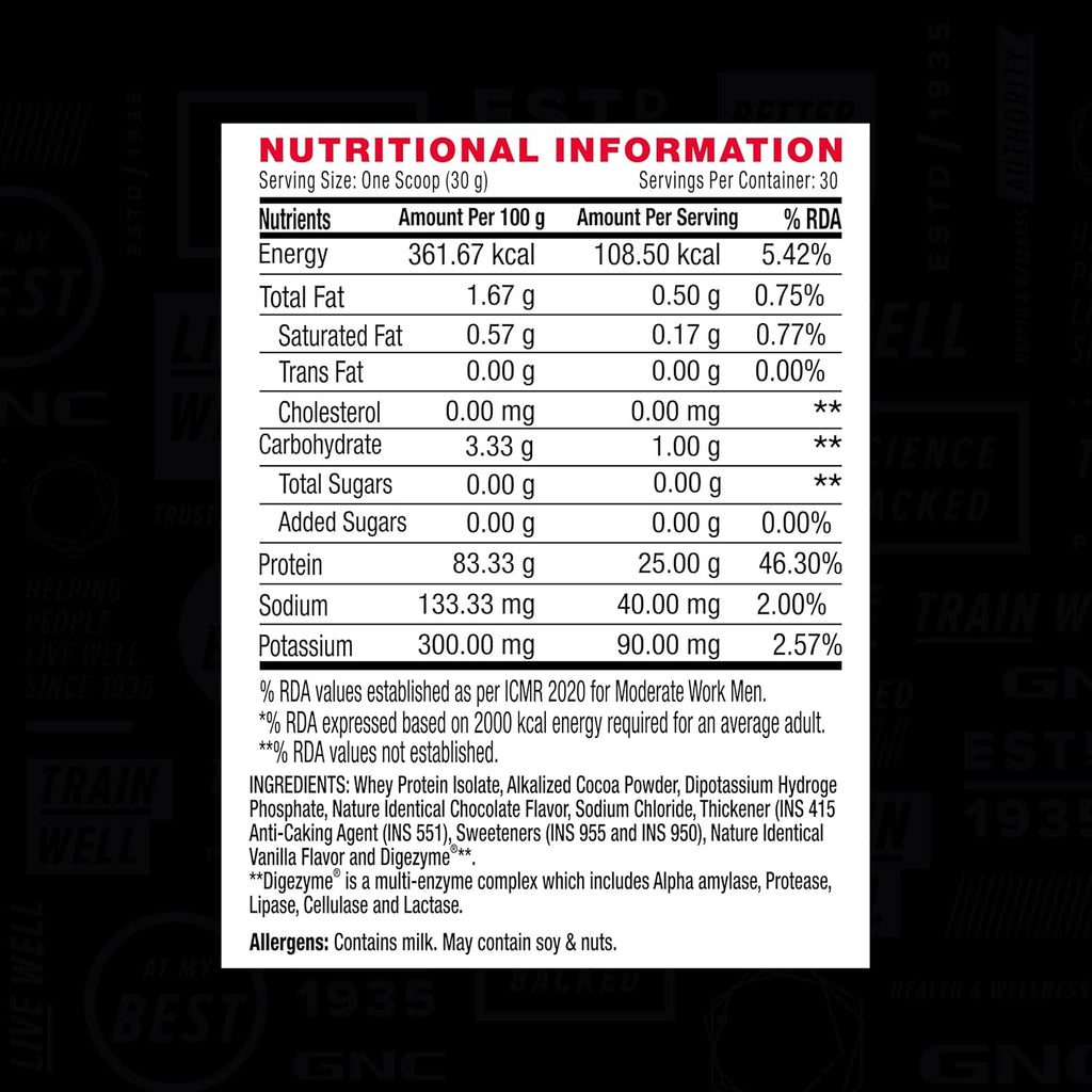 GNC Amp Pure Isolate Zero Carb | 2 Lbs | 30 Servings | Boosts Athletic Performance Builds Lean Muscles | Speeds Up Recovery | Digezyme For Easy Digestion | 25G Protein | 6G Bcaa | Chocolate Frosting