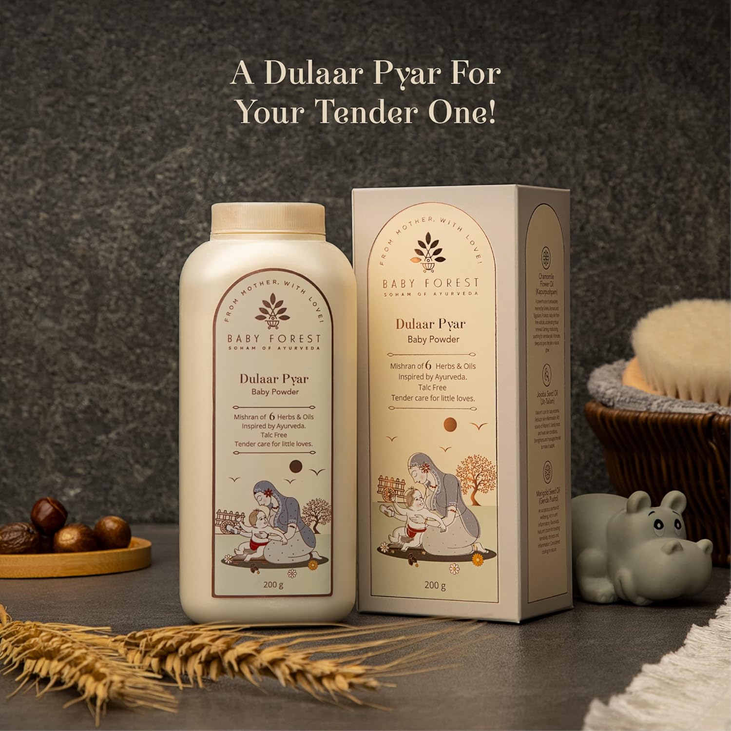 Baby Forest Dulaar Pyar Talc-Free Baby Powder | with Chamomile, Jojoba & Marigold Oils + Corn Starch | for Soft, Rash-Free Skin | Natural, Derma Safe, Cruelty-Free Baby Powder | 200g