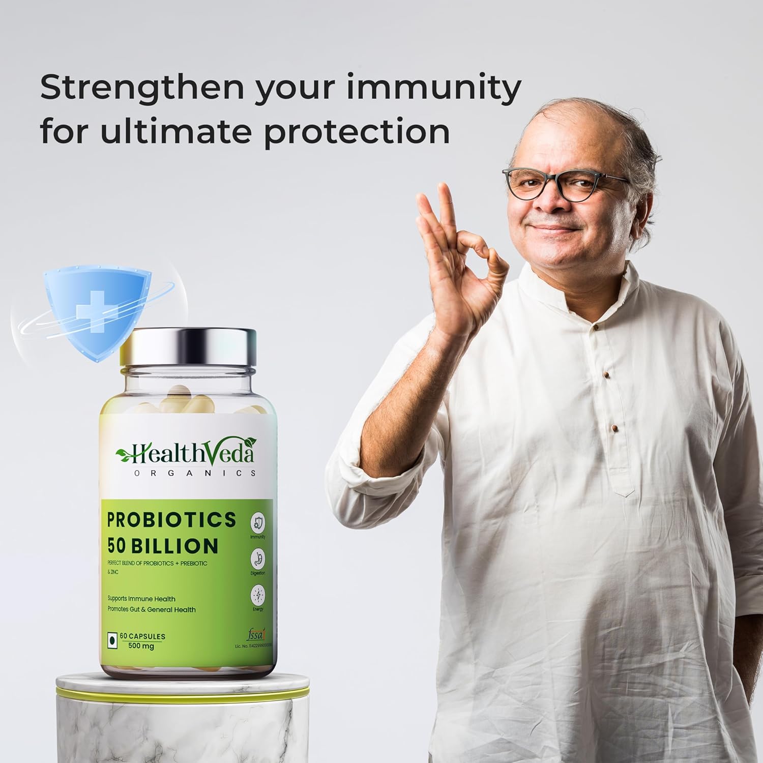 HEALTH VEDA ORGANICS PRIVATE LIMITED Probiotics 50 Billion Cfu Multi-Strains With Prebiotic | Good Digestive, Gut Health, Diarrhea, Gas & Bloating Support | Men And Women - 60 Vegetarian Capsules