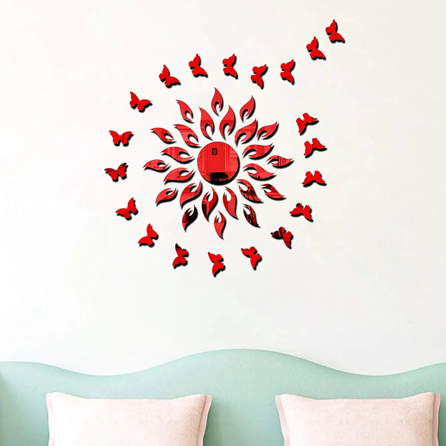 Bikri Kendra Art BK160 Sun red with 20 red Butterfly 3D Acrylic Mirror Stickers for Wall