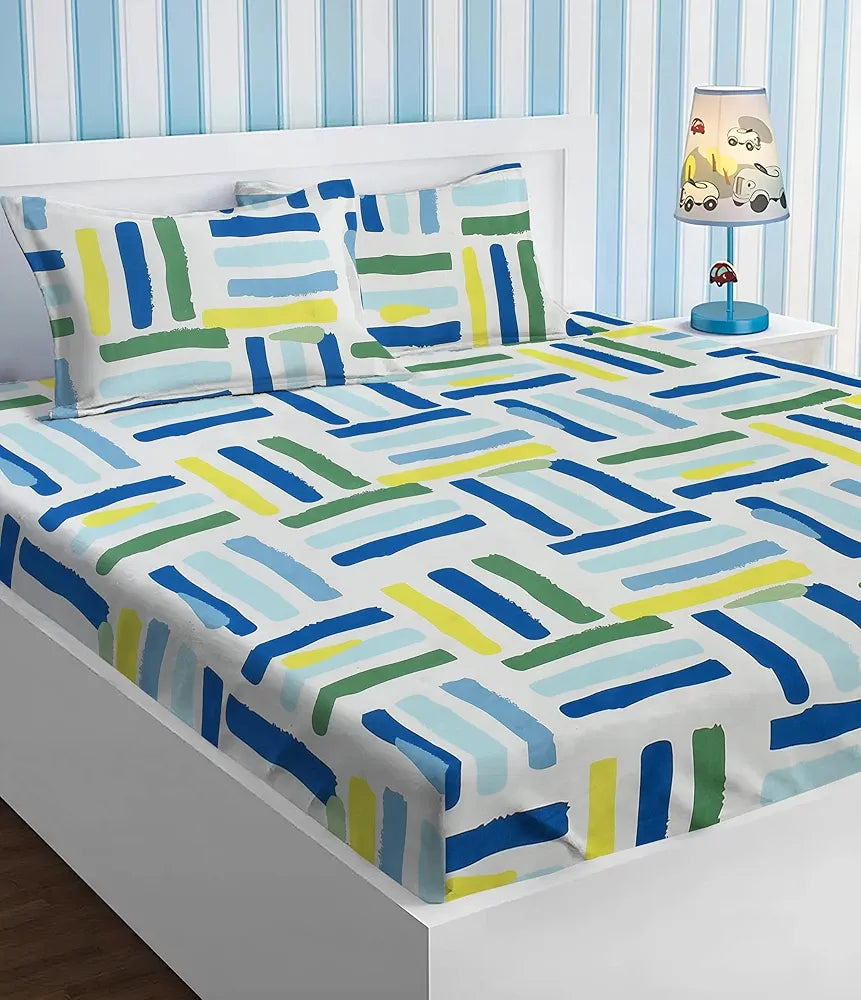 Homekart Premium Cotton Elastic Fitted Bedsheets with 2 King Size Pillow Covers Double Bed Stick Print White Green 200 tc - 220 tc