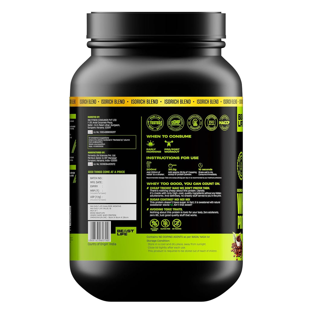 BeastLife Isorich Whey Protein Isolate Powder |2 Lbs | Coffee Flavor | Fast Muscle Growth & Recovery| No Artificial Sweeteners| Ultrasorb Tech For Fast Digestion|NABL Lab Certified | 24g Protein, 5.3g BCAA | No Bloating