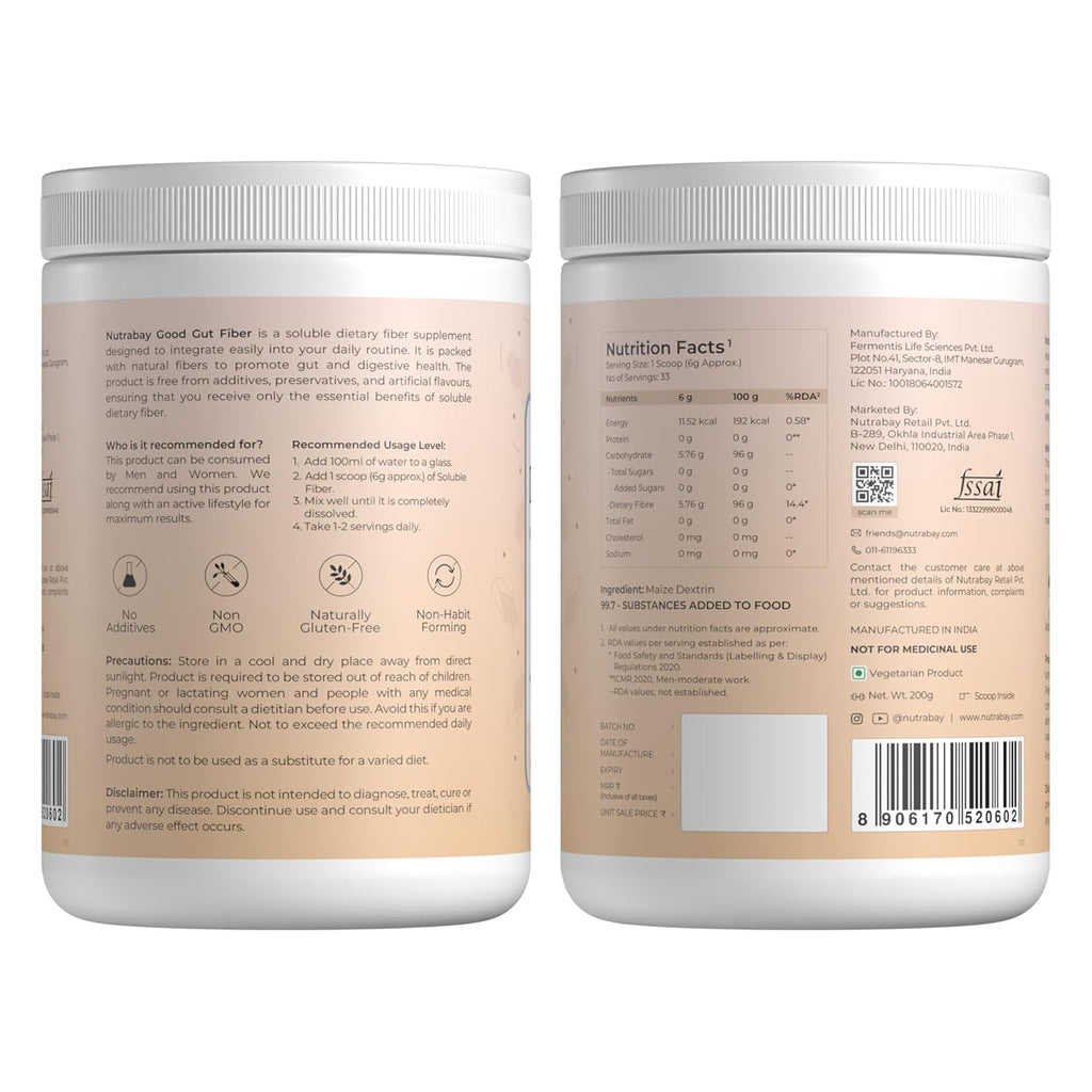 Nutrabay Good Gut Daily Fiber - 200 gm | 33 Servings | Unflavoured | Weight Management, Manages Sugar Control, Bloating, Constipation & Acidity Relief | Plant Based Prebiotic Soluble Fiber