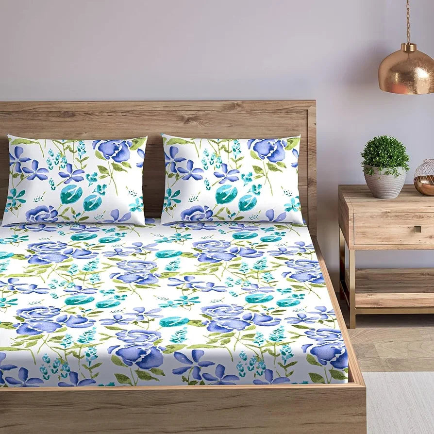 Trance Home Linen 180TC 100% Cotton 75"x60" Double Bed Size Elastic Fitted Bedsheet with 2 Pillow Covers Colour Huvu Blue
