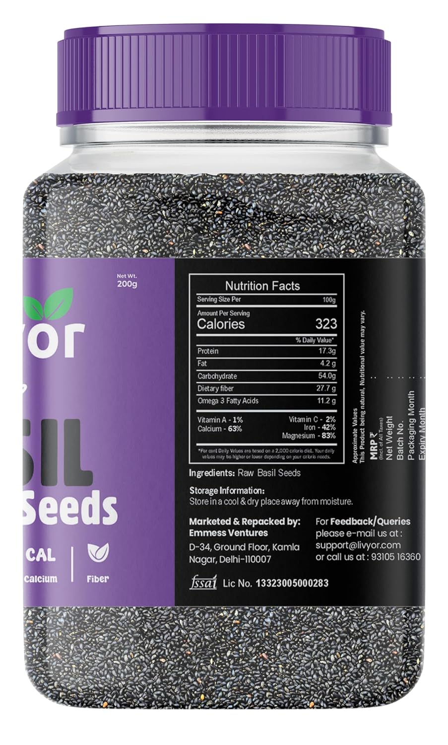 Livyor Raw Basil Seeds for eating - 200g | Sabja Seeds | Tukmaria | Reduces Body Heat | High in Omega-3, Fibre & Plant Protein | Natural Superfood for Weight Management, Digestion & Hydration | Pack of 1