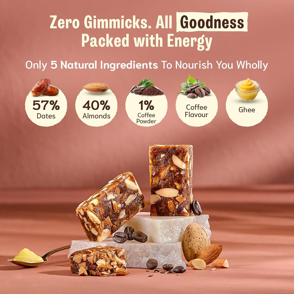 SOULLY Almond Brew Date & Nut Mini Energy Bars 200g (10 Bars x 20g) | Whole Dates, Roasted Almonds, Real Coffee & Pure Cow Ghee | Just 93 Calories Per Bar | No Added Sugar | No Preservatives | For Coffee Lovers