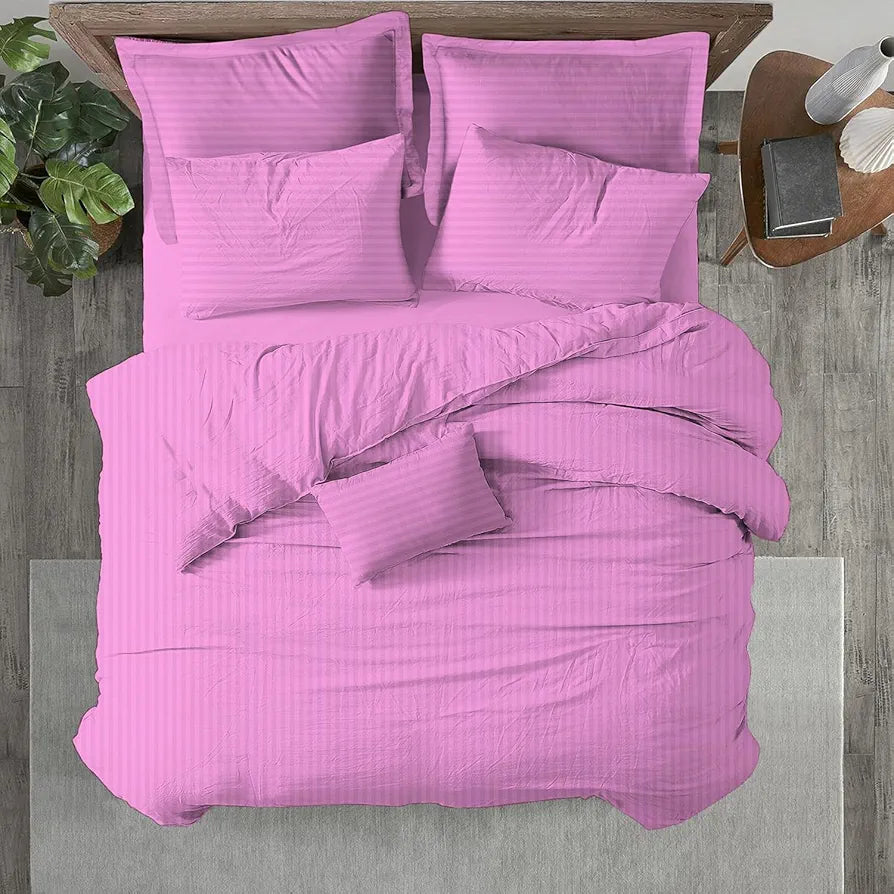 Trance Home Linen Zippered 100% Cotton 200TC Satin Stripe King Size Duvet Cover Quilt Cover Blanket Cover Razai Comforter Cover with 2 Pillow Covers Colour Light Pink