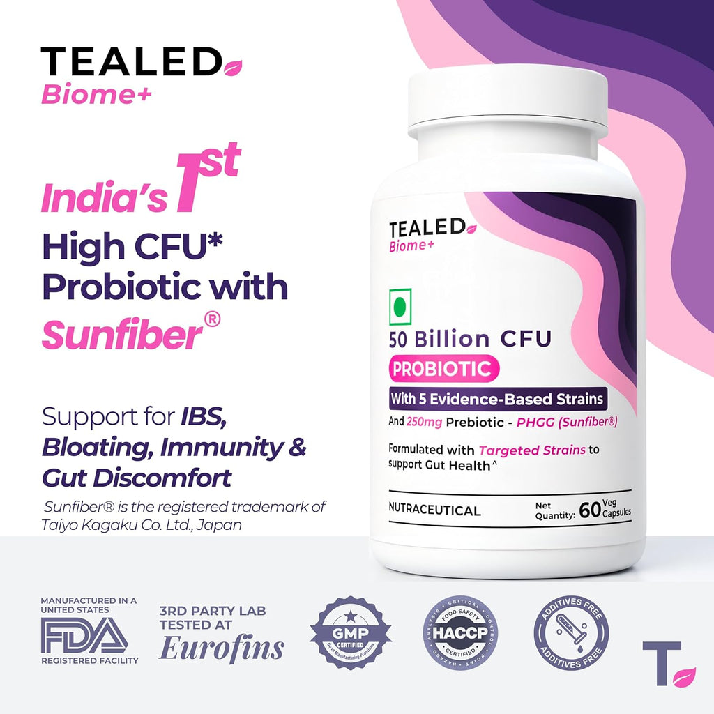 Tealed Probiotic 50 Billion CFU | 5 Targated Strains + SunfiberÂ® (PHGG) | Japanese Clinical Prebiotic | Supports Constipation, IBS, Immunity, Gut Health & Bloating | For Men & Women | 60 Veg Caps