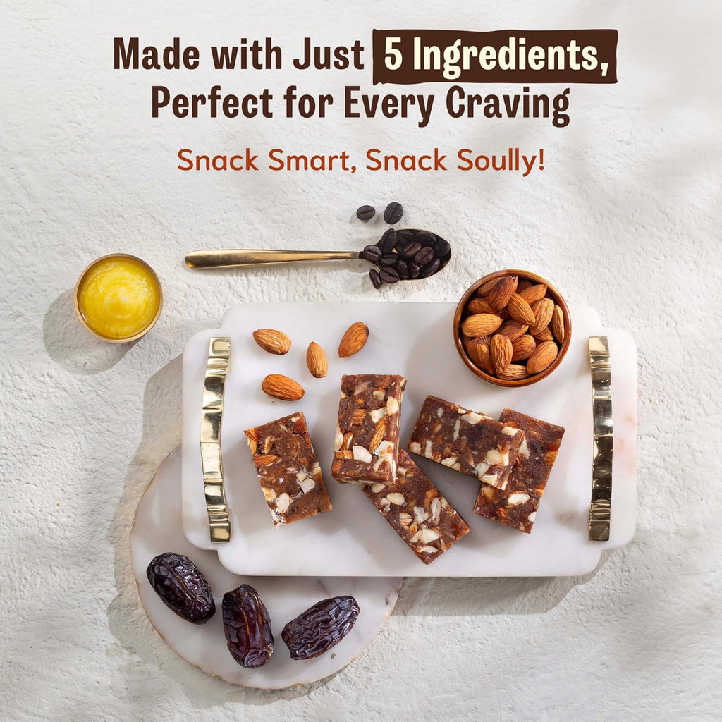 SOULLY Almond Brew Date & Nut Mini Energy Bars 200g (10 Bars x 20g) | Whole Dates, Roasted Almonds, Real Coffee & Pure Cow Ghee | Just 93 Calories Per Bar | No Added Sugar | No Preservatives | For Coffee Lovers