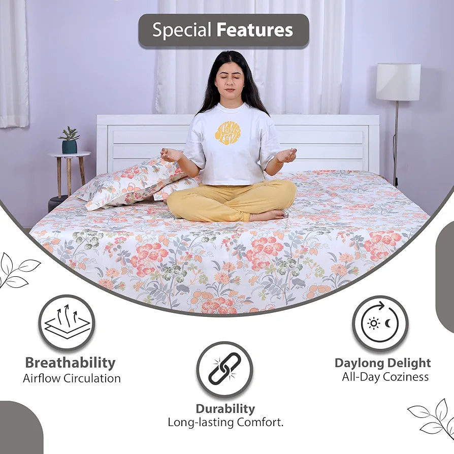 Divine Casa Double Size Bedsheet for Double Bed 144 TC Pure Cotton Queen Size with 2 Pillow Covers Floral Colour Peach Blush