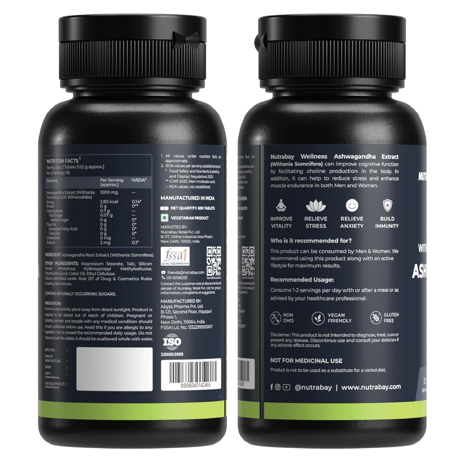 Nutrabay Wellness Ashwagandha Extract Tablet (Withania Somnifera), Enhances Energy, Stamina, Immunity | Anxiety & Stress Relief, 1000mg - 60 Veg Tablets