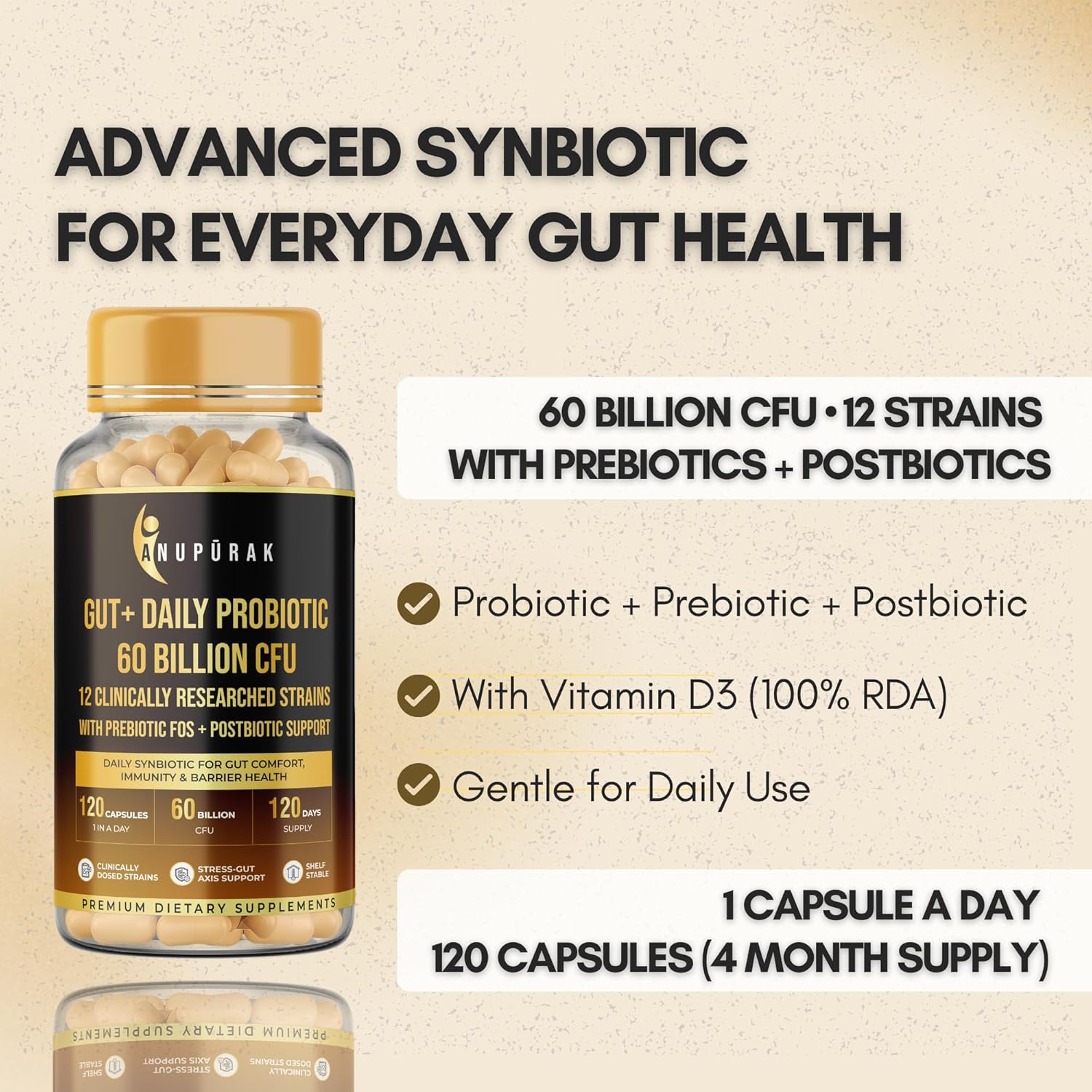 ANUPURAK Gut Health Probiotic 60 Billion CFU — 12 Strains Synbiotic | Postbiotic + FOS & GOS Prebiotics | Supports Digestion, Gut Flora & Immunity | Daily Gut Balance Supplement | 120 Capsules (120 Days)