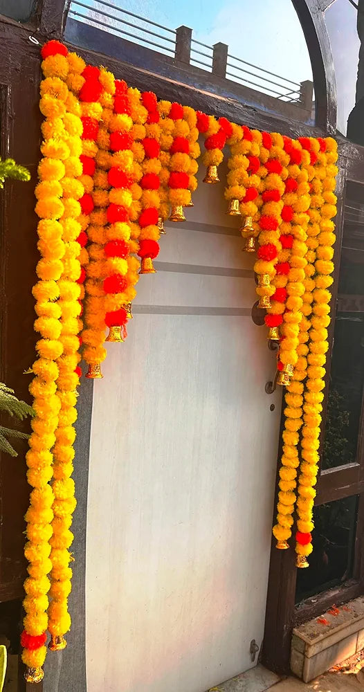 Artificial Marigold Bandanwar 40 Inch Yellow Orange Full Door Toran with Decorative Bells Multicolor Marigold With Bell Bandanwar