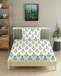 Trance Home Linen 180Tc 100% Cotton 78"X36" Single Size Elastic Fitted Bedsheet Printed With 1 Pillow Cover 180 tc Colour Aangan Blue