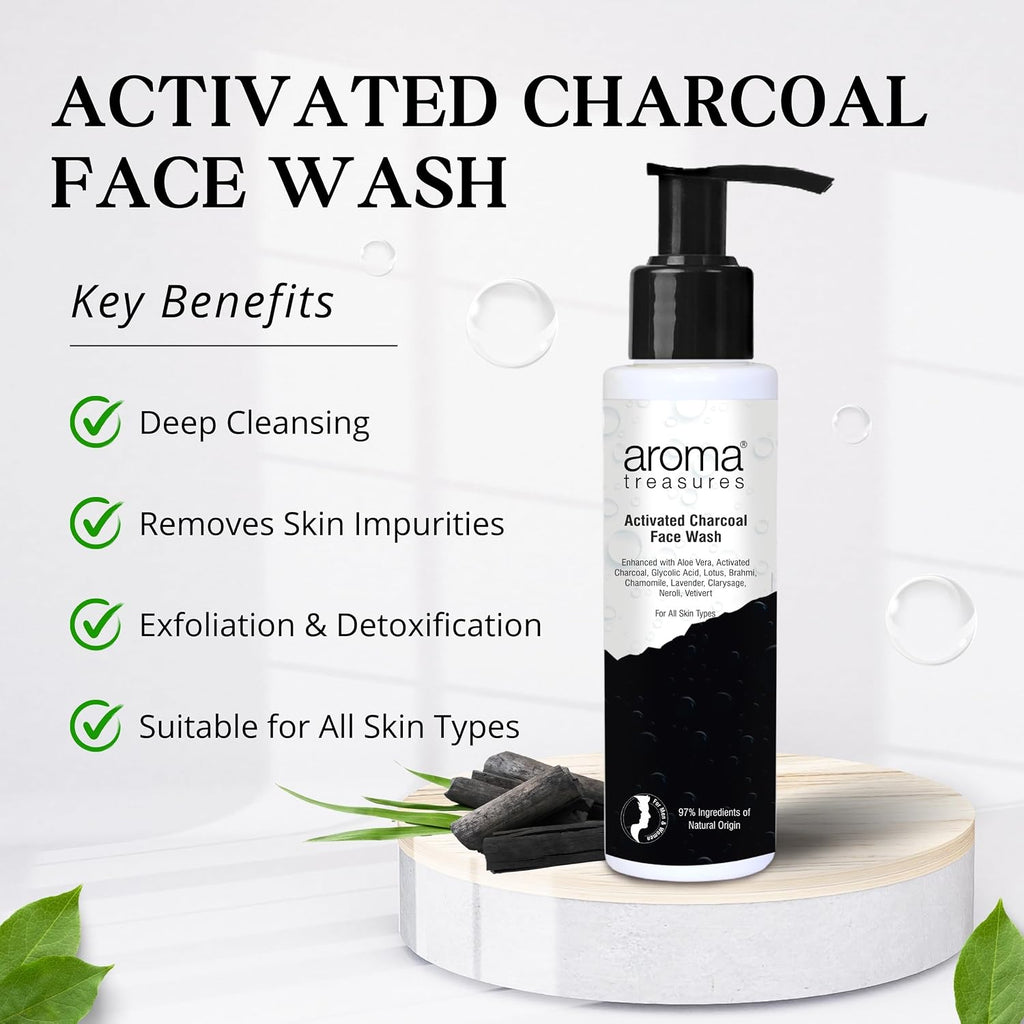 Aroma Treasures Activated Charcoal Face Wash for Men & Women | Deep Cleansing Oil Control Facewash with Aloe Vera & Glycolic Acid for Acne, Bright & Healthy Skin – 100ml