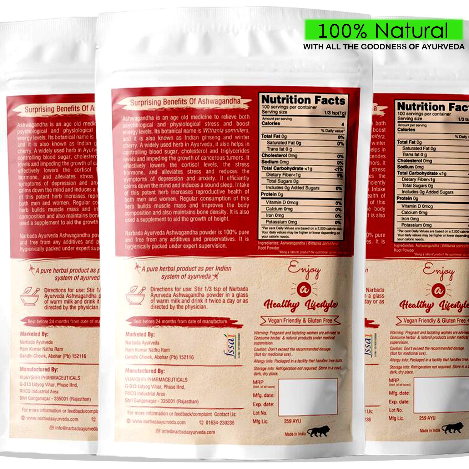 Narbada Ayurveda Ashwagandha Powder - 100 gms (Pack of 3)