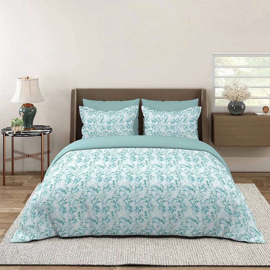 Layers Lumina Floret Cotton Bedsheet Set for All Seasons Lightweight 144 TC Queen Size Aqua