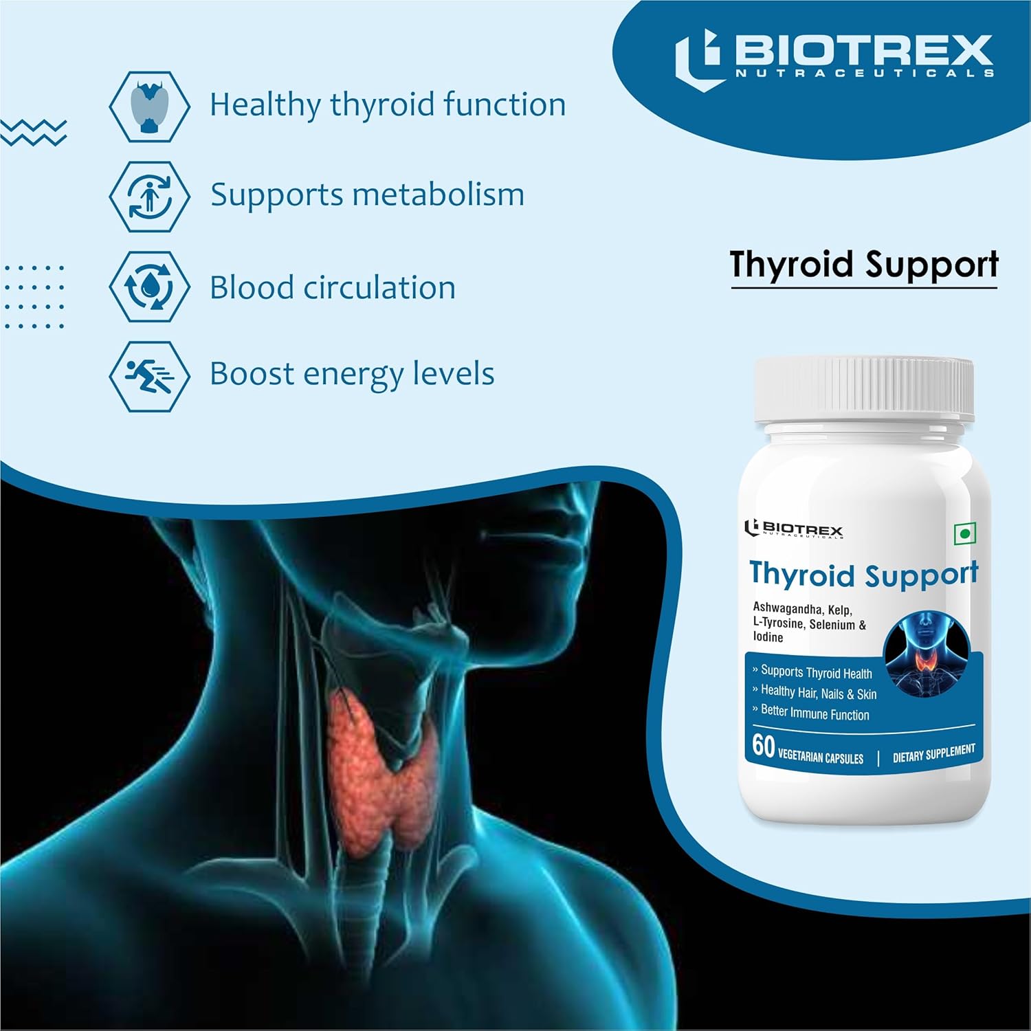 Biotrex Nutraceuticals Thyroid Care Supplement With Ashwagandha, Kelp, Selenium, L-Tyrosine & Iodine | Supports Thyroid Health & Mood Balance | Enhances Energy - 60 Vegetarian Capsules