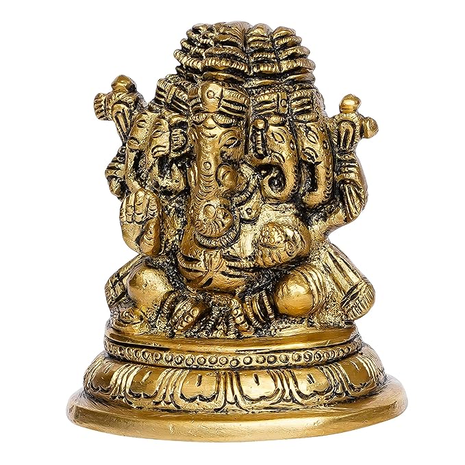 Ecraftindia Handcrafted Golden Brass Panchmukhi Lord Ganesha Idol | Hindu God Idol | Home Decor | Puja Room