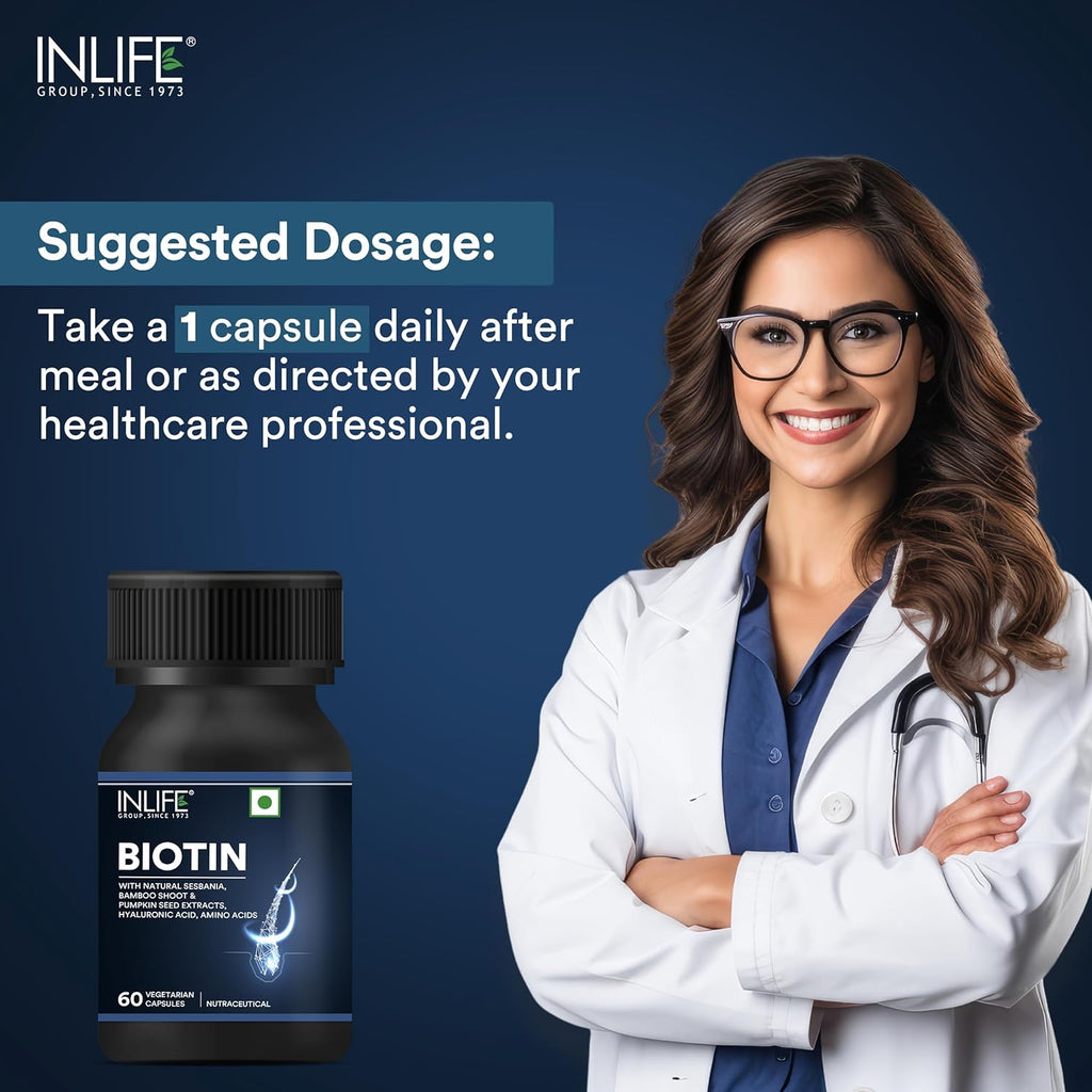 INLIFE Biotin Supplement for Hair | Sesbania, Bamboo Shoot, Bhringraj, Zinc, Vitamin C | for Women Men - 60 Vegetarian Capsules (Pack of 1, 60)