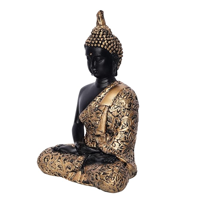 Ecraftindia Black Golden Resin Handcrafted Meditating Lord Buddha Idol for Home Decor