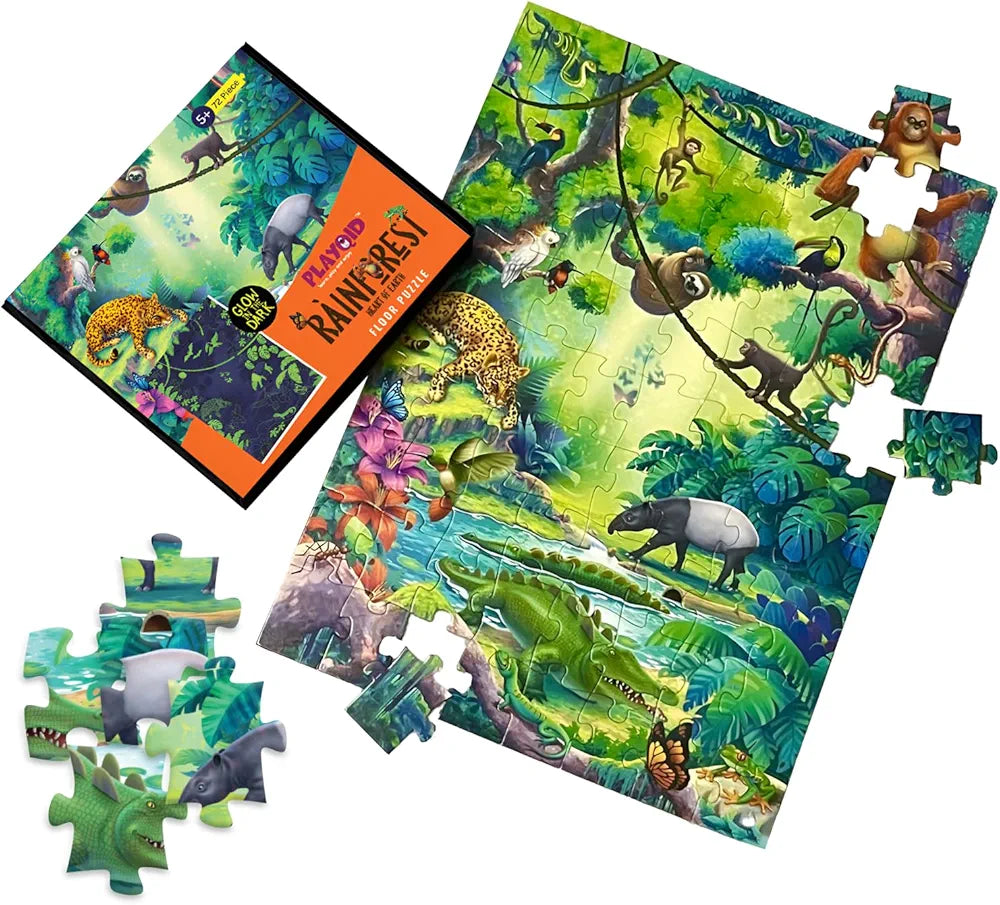 Playqid Glow in The Dark Tropical Rainforest Wild Animals Jigsaw Puzzle for Boys & Girls 72 Piece Floor Puzzle for Age 5 Educational Toy for Kids