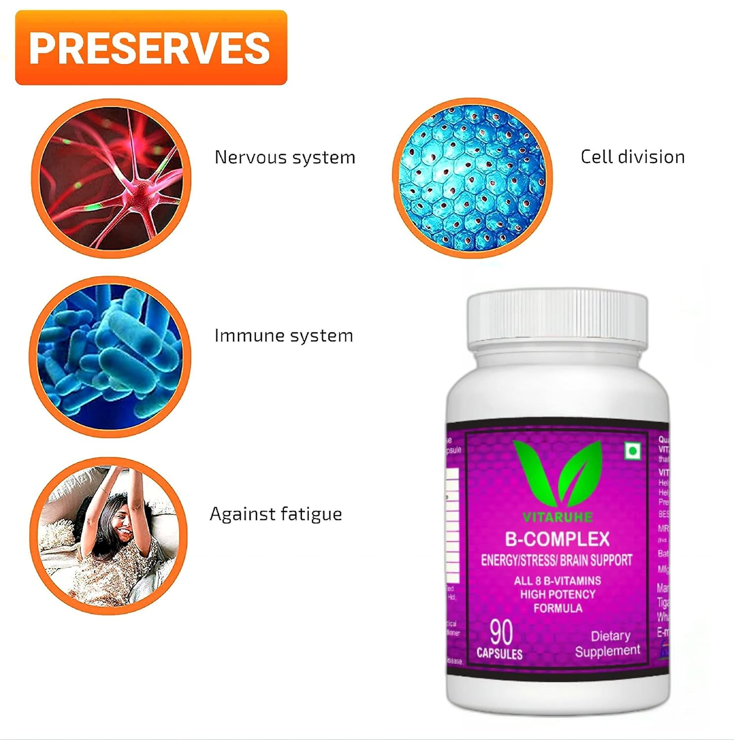 VITARUHE® High Strength Vitamin B-Complex B1, B2, B3, B5, B6, B7, B9, B12 Vegan 90 Capsules, 3 Months SUPPLY