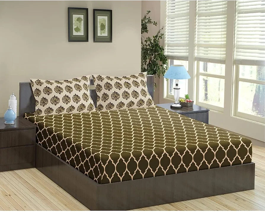Trance Home Linen 200Tc 100% Cotton 78"X60" Queen Size Elastic Fitted Bedsheet Printed Queen Bed Size with 2 Pillow Covers Colour Dori & Damask-Forest Green