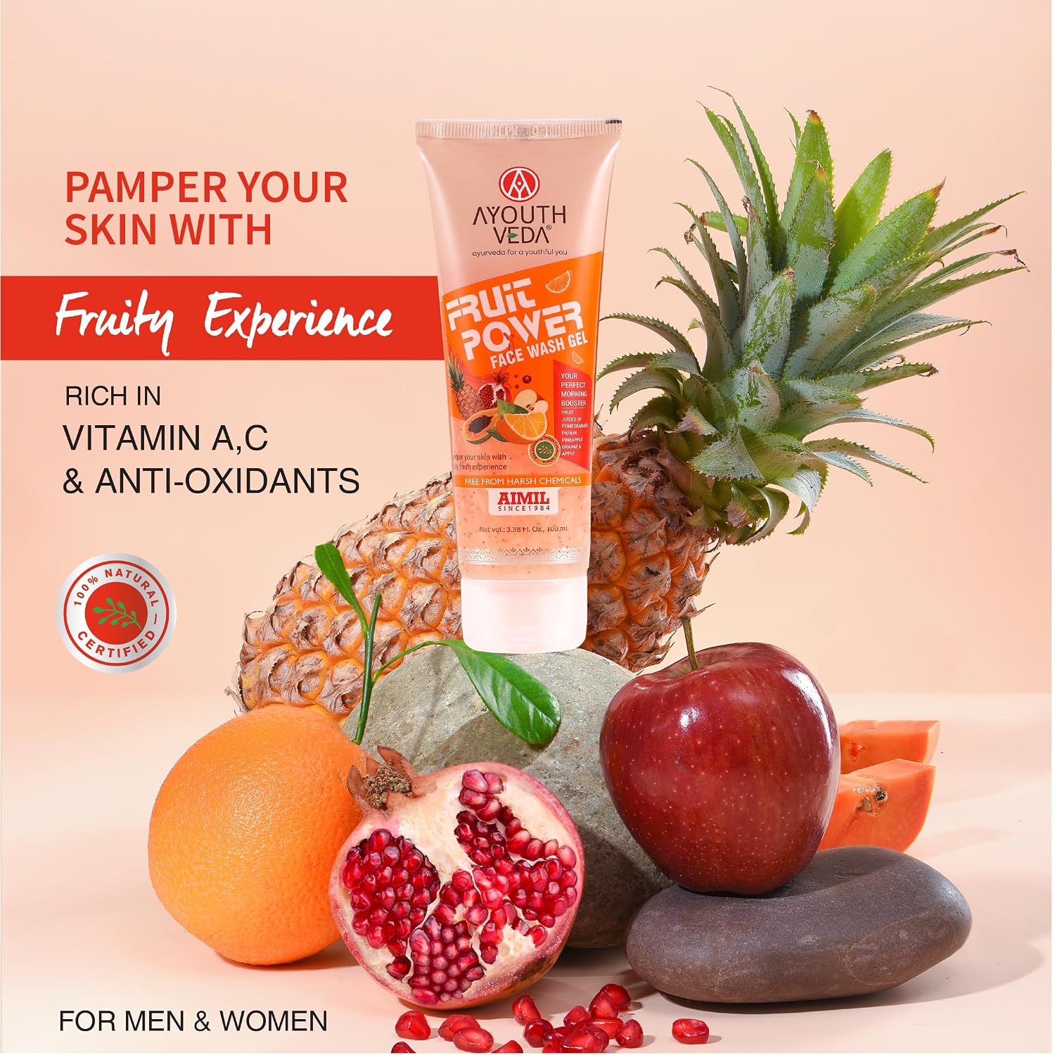 Ayouthveda Fruit Power Brightening Gel Face Wash | For Glowing Skin, Reduce Dark Spot & Blemishes | With Vitamins A, C & Antioxidants | 100ml (Pack of 1)