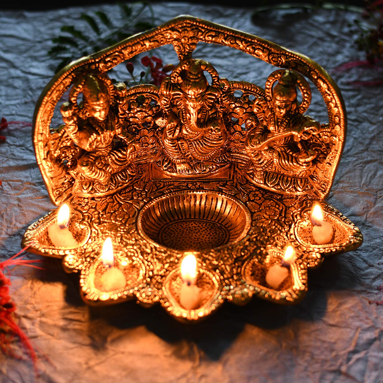 Metal Lakshmi Ganesha Showpiece Statue with Diya