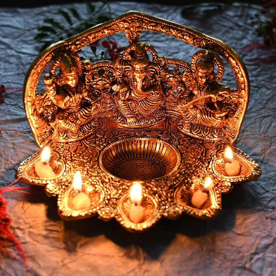 Laxmi Ganesh Saraswati Idol Diya Oil Lamp Deepak Metal