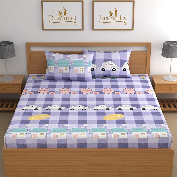 Dreamlet Prime Collections 180tc Pure Cotton Breathable Supersoft Wrinkelfree Double Flat Bedsheet With 2 King Size Pillow Covers | Purple