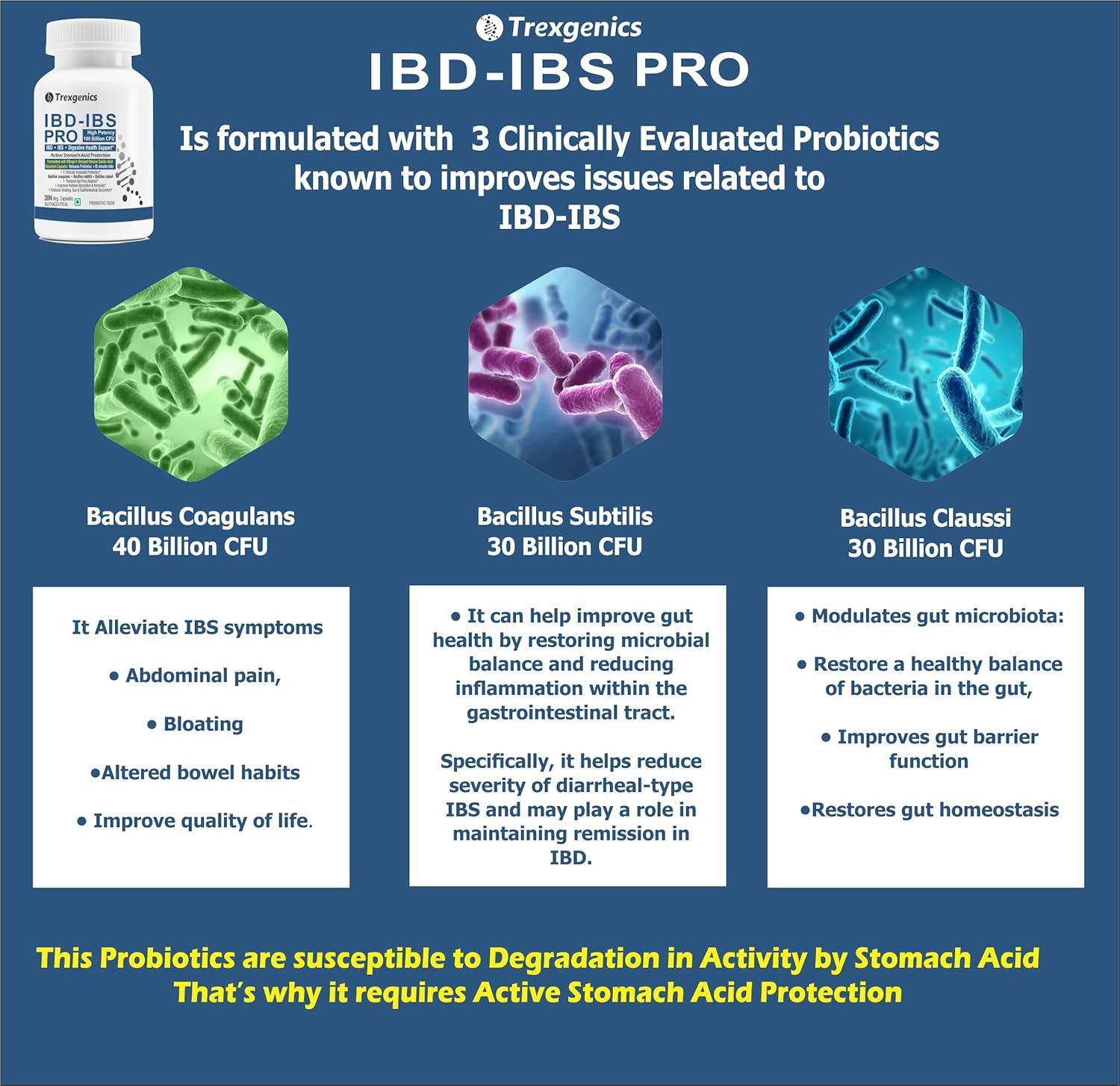 Trexgenics IBD-IBS PRO Digestive Health Delayed Release Gastric Protection Probiotics Bacillus coagulans, subtilis & clausii 100 Billion CFU (30 Veg Capsules)