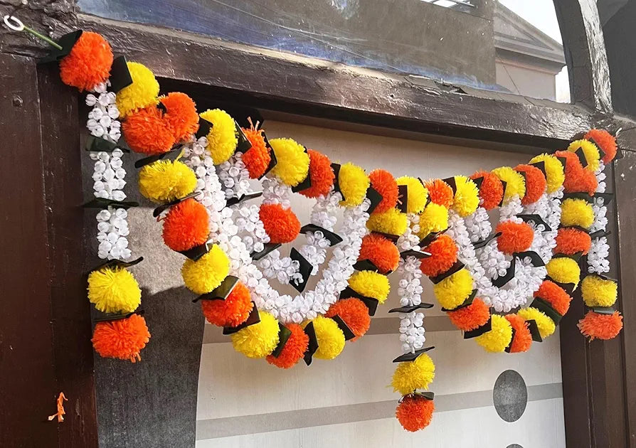 Artificial Marigold Bandanwar with Jasmine 40 Inch Yellow & Orange Flower Marigold With Fold Leaf Bandanwar